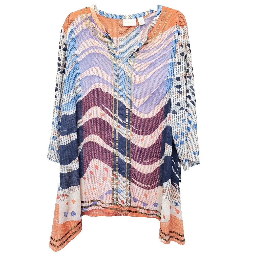 Chico's Whimsy Waves Violet Embellished Sheer Asymmetrical Hem Tunic Size 3 (XL)